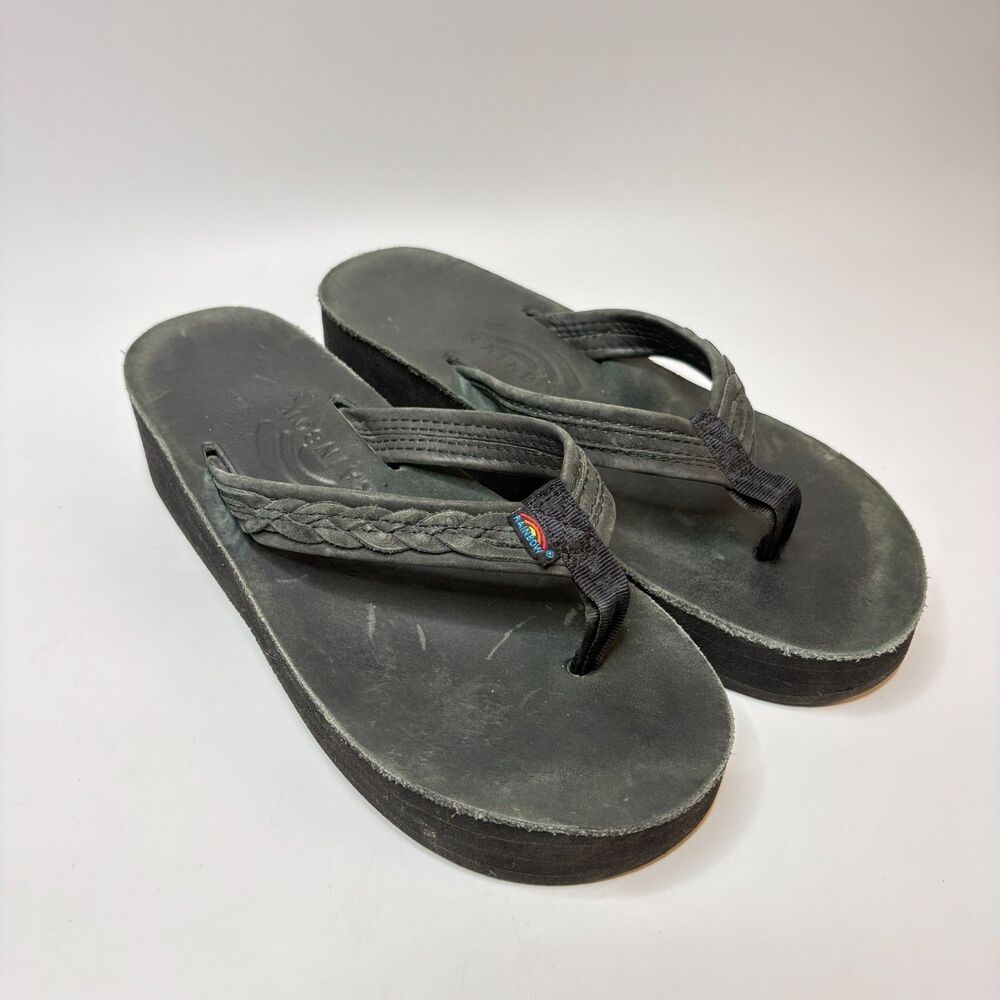 RAINBOW Black Braided Strap Chunky Wedge Flip Flops Womens Size 7 - 8